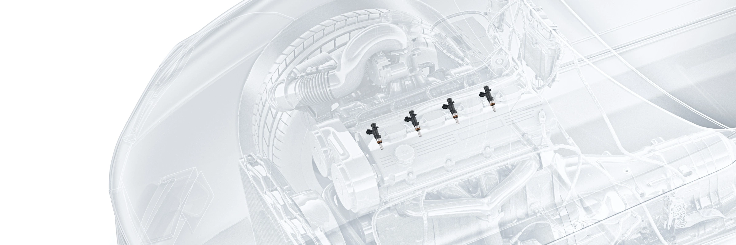 Cutaway illustration of an engine with four port fuel injectors highlighted