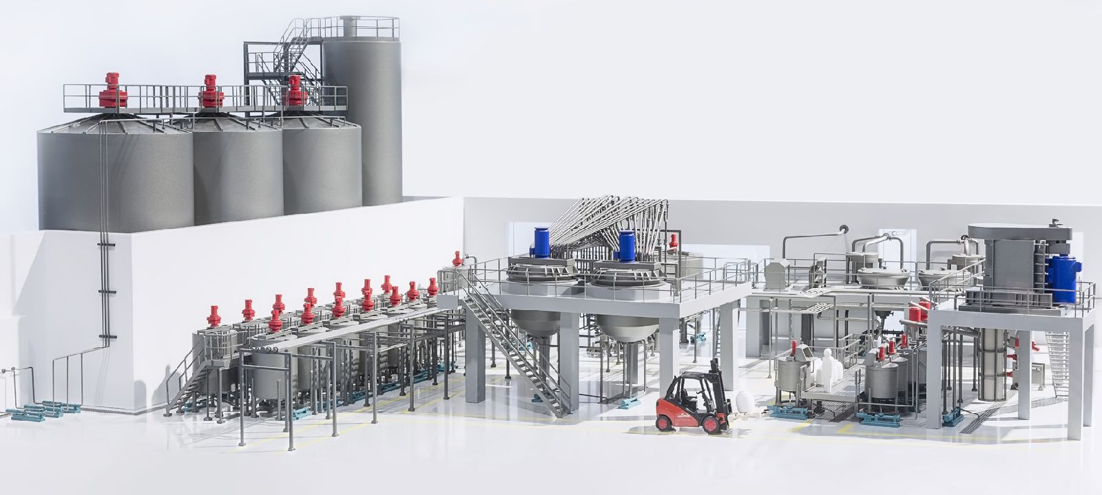 3D model of a complete coating colour plant with silos, tanks, platforms and piping